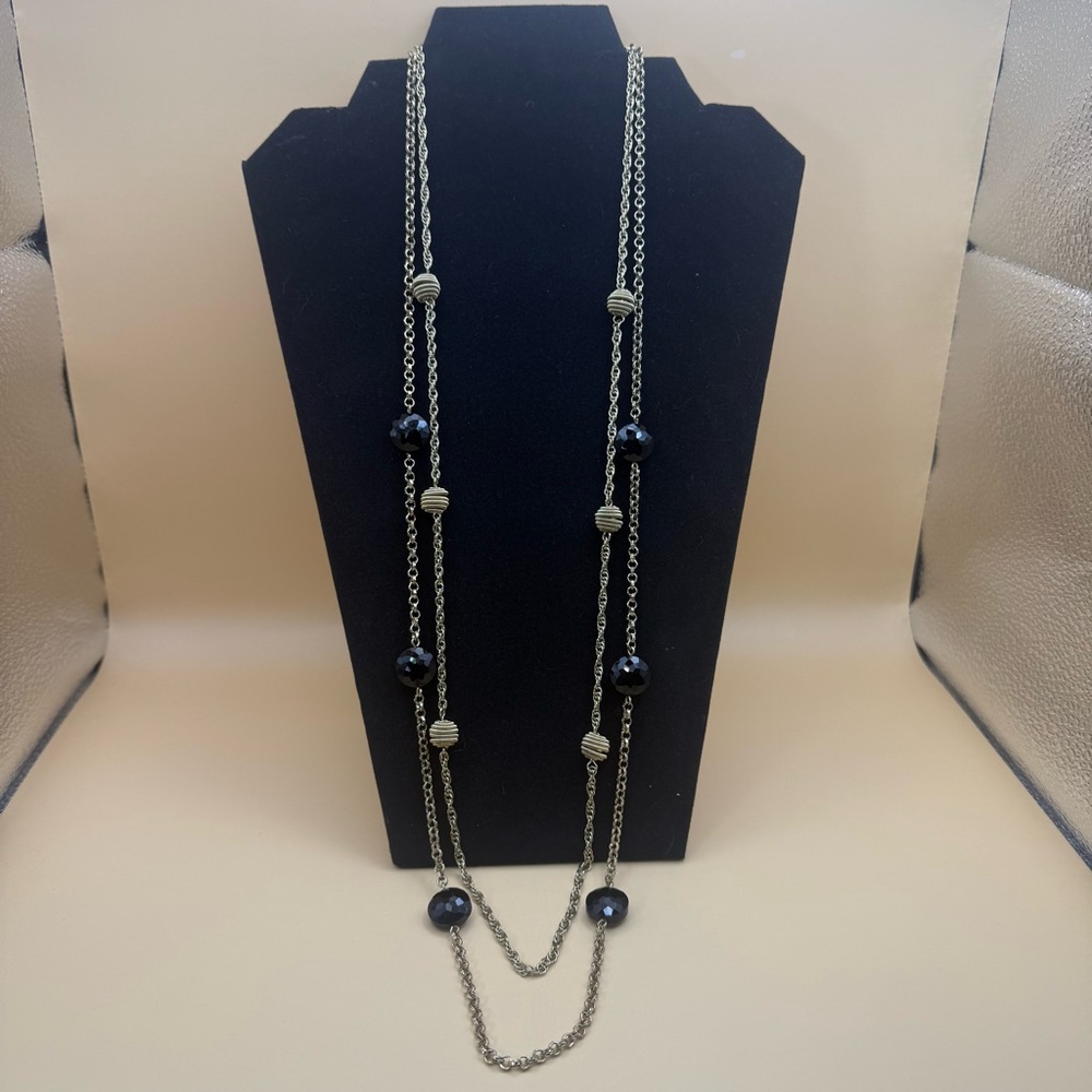 Monet Signed Long Necklace Champagne Gold Tone Black Faceted Beads 33”